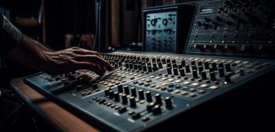 Hand sliding knob on sound mixer panel generated by artificial intelligence